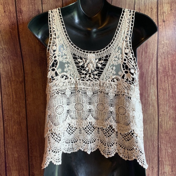 3/$25 Triple Cherry Cream Crocheted Lace Tank Top - Picture 4 of 7